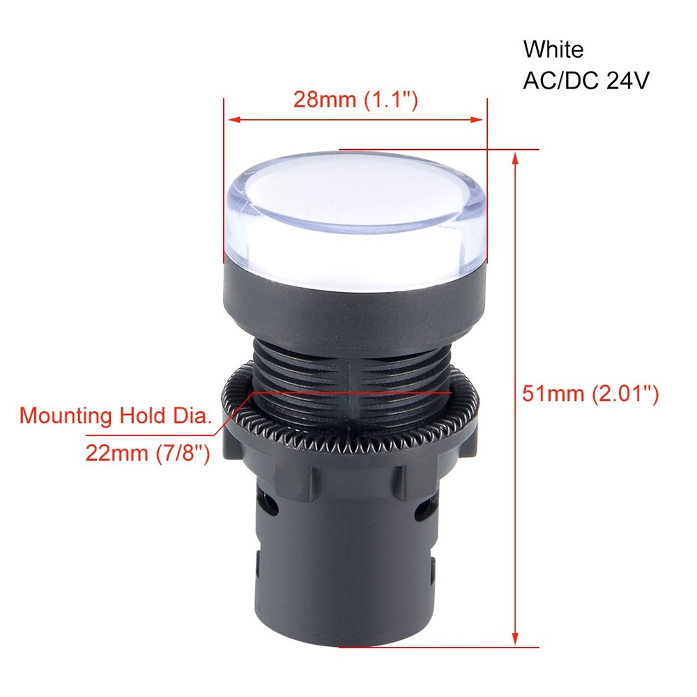 2Pcs AC/DC 24V Indicator Lights, White LED, Flush Panel Mount 7/8" 22mm