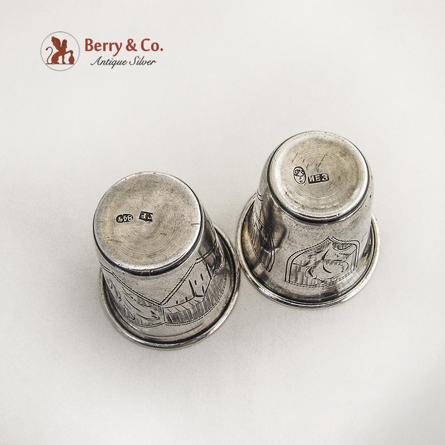 Architectural Engraved Vodka Cups Pair Russian 84 Standard Silver 1900