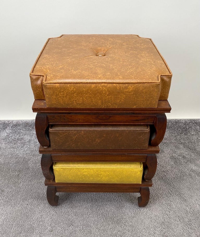 Mid-Century Modern Leather Nesting Stackable Ottoman Stools, 3 Pcs