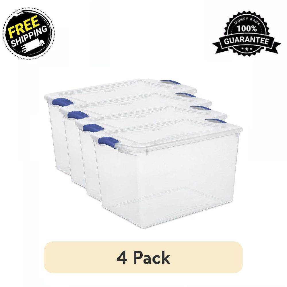 Sterilite 66 Qt Clear Latching Storage Bin Container Blue Lid 4 Pack Stackable