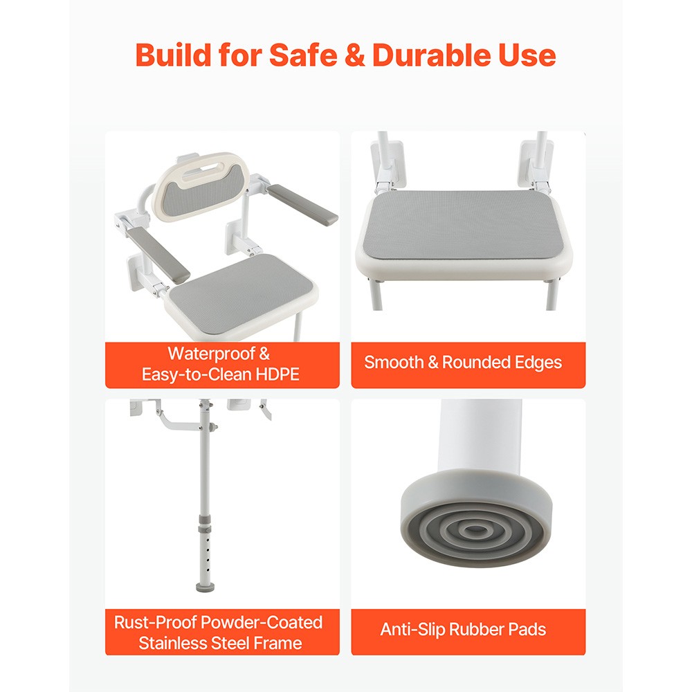 Uimoso Foldable Shower Chair Wall Mounted Shower Seat with Backrest & Armrest