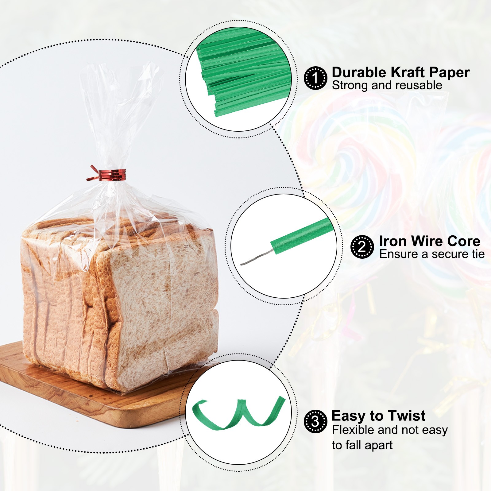 1000Set Bag Twist Ties 3.5" Reusable Kraft Paper Twist Tie for Bread Green