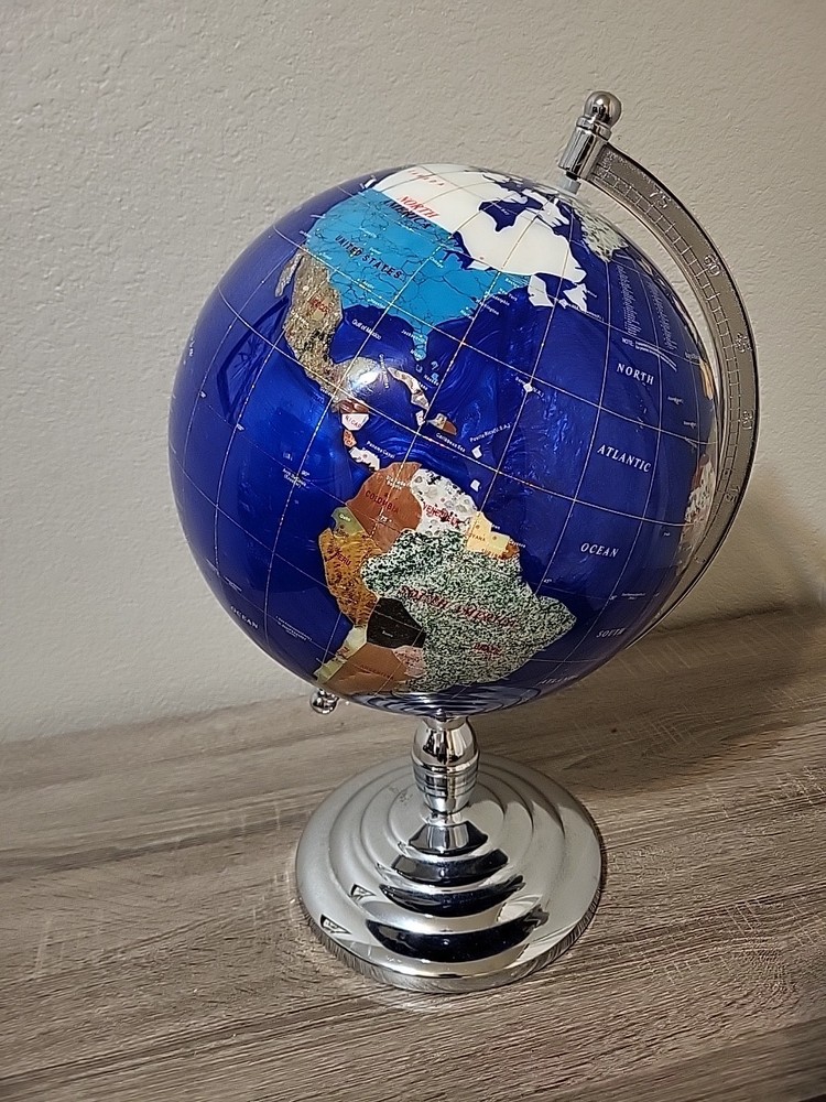Blue Lapis Semi-Precious Gemstone Table Globe Large Silver Color Stand