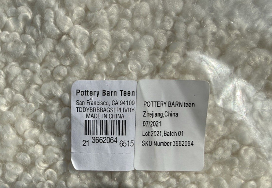 Pottery Barn Teen Teddy Bear Bean Bag Cover Ivory - Large - 41" - New