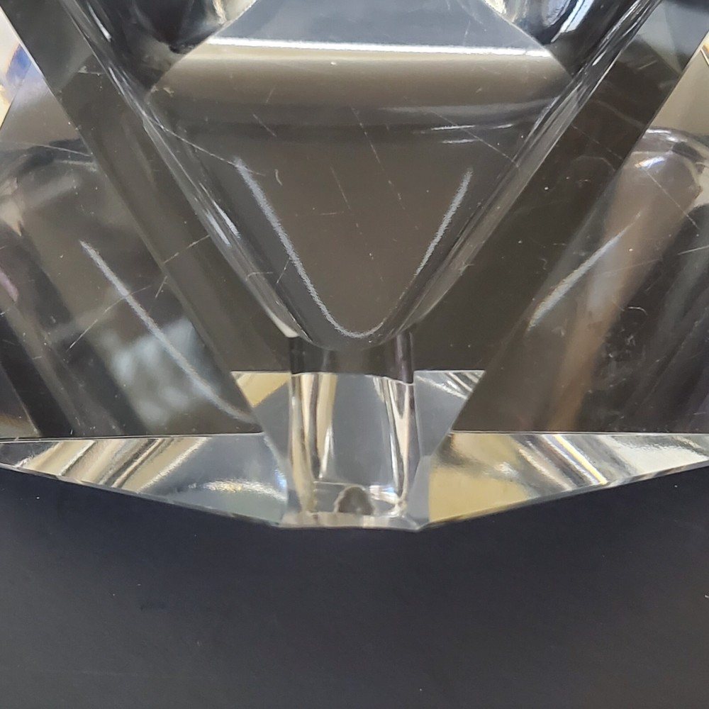 clear glass triangular cigarette ashtray 6" wide 1.5" tall few tiny chips