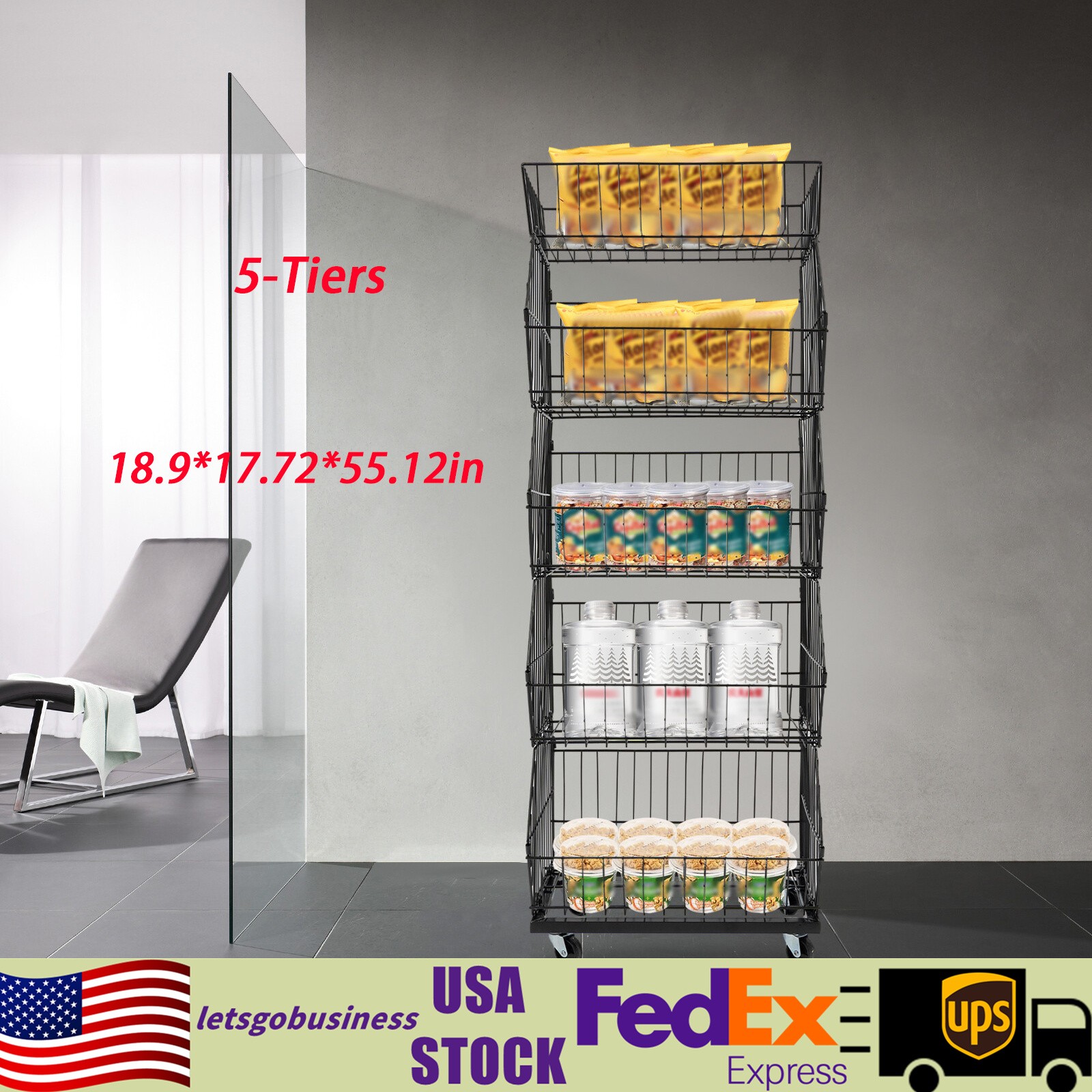 5 Tier Wire Grid Retail Display Shelf Merchandise Display Rack Stand W/ Wheels