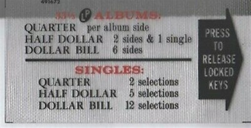 Seeburg SS160D Pricing Window # 491672 for Dollar Bill Validator