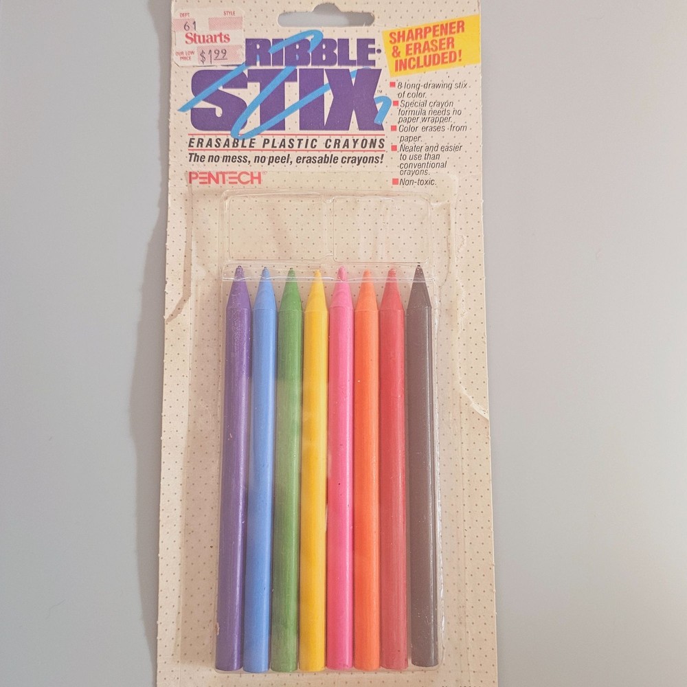 Pentech Scribble Stix Erasable Plastic Crayons 8-Pack Non-Toxic Sharpener & Eras