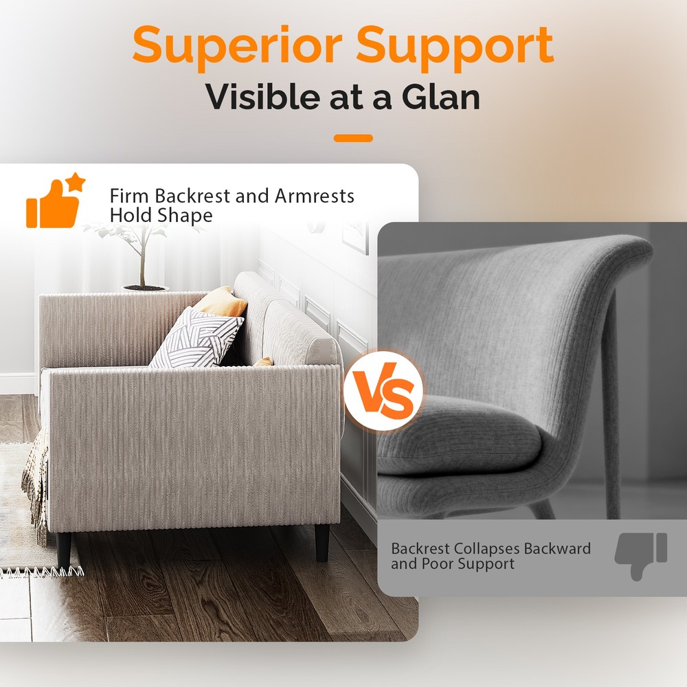 Double corduroy upholstered sofa bed with buttoned backrest and sturdy armrests,
