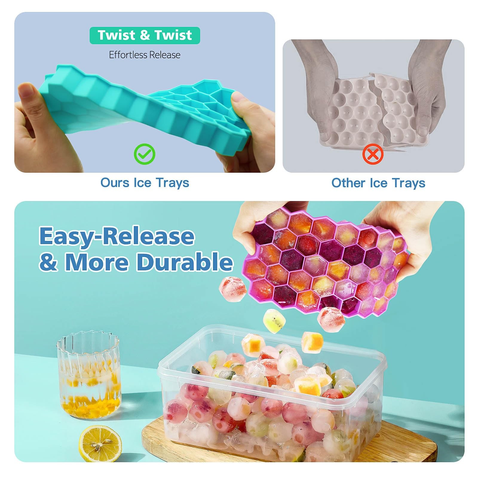 2 Pack Silicone Ice Cube Trays with Lid, 37 Grid Small Ice Cube Molds