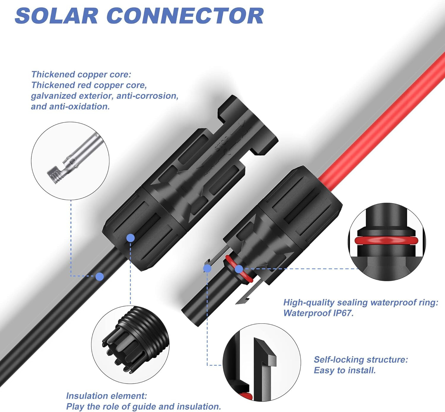 50FT 10 AWG Solar Panel Extension Cable PV Wire Solar Connectors Pair 6mm²