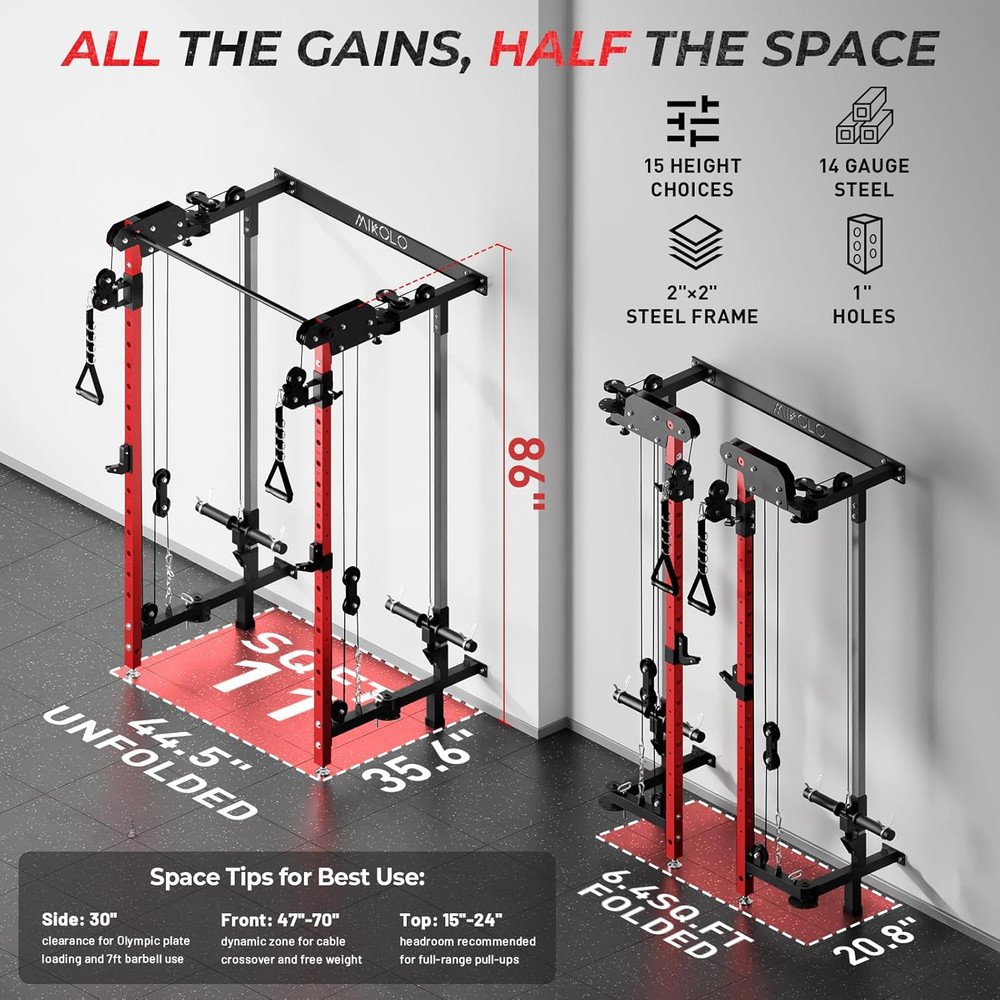Mikolo Folding Squat Rack, Wall Mounted Power Rack with Cable Crossover Machine