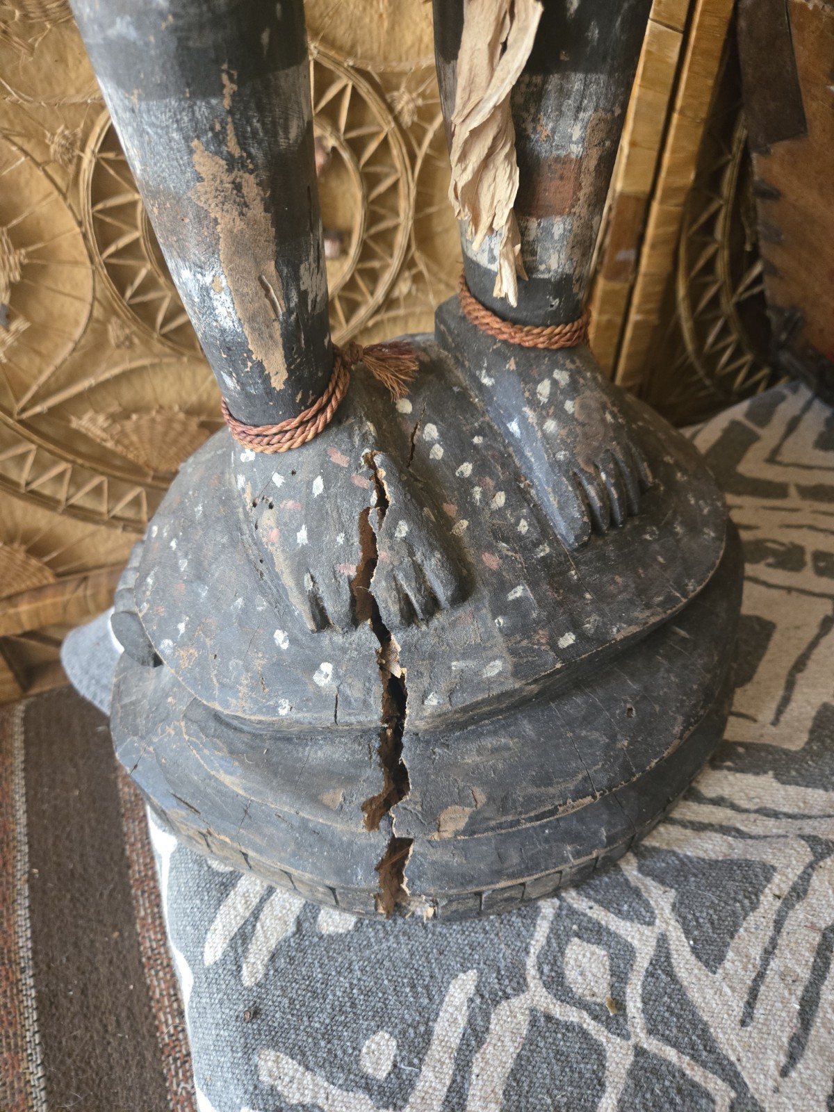 XL Papua New Guinea Ancestor Figure 46" Wood, Shell, Hair, Fiber, Animal Motifs