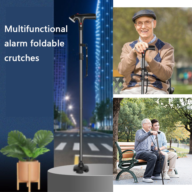 Elder Folding Walking Stick Walking Cane Height Adjustable LED Light Torch Alarm