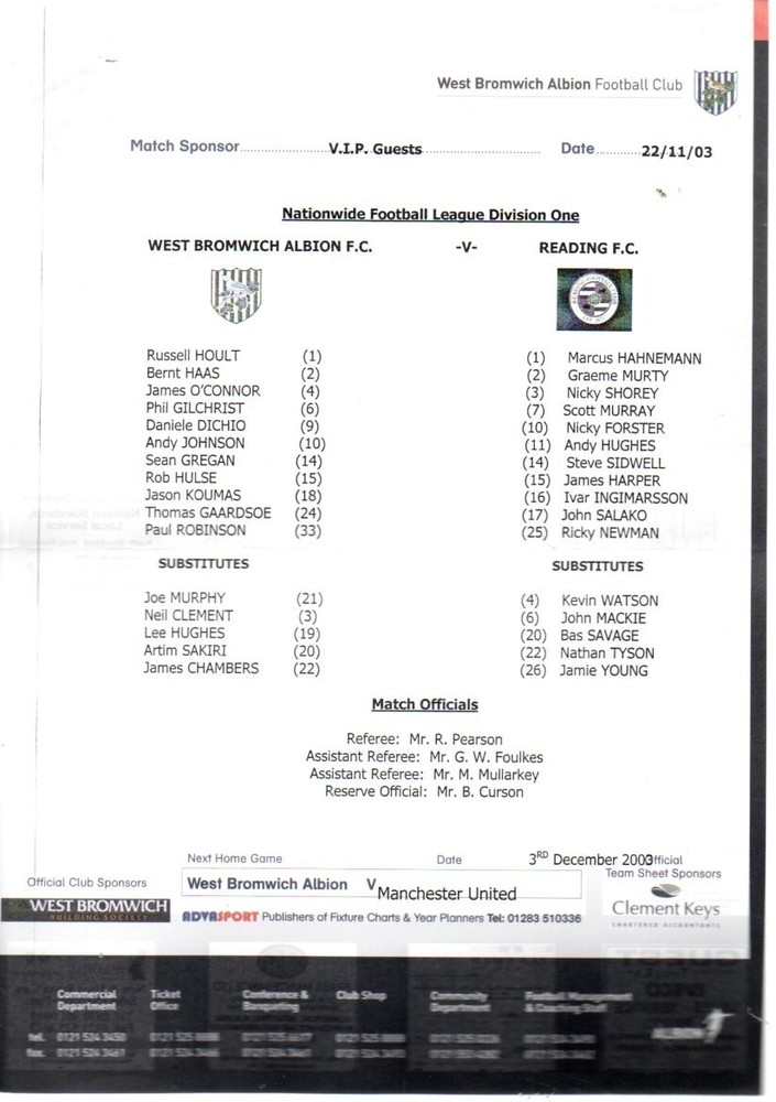 Team Sheet - West Brom v Reading 22.11.2003