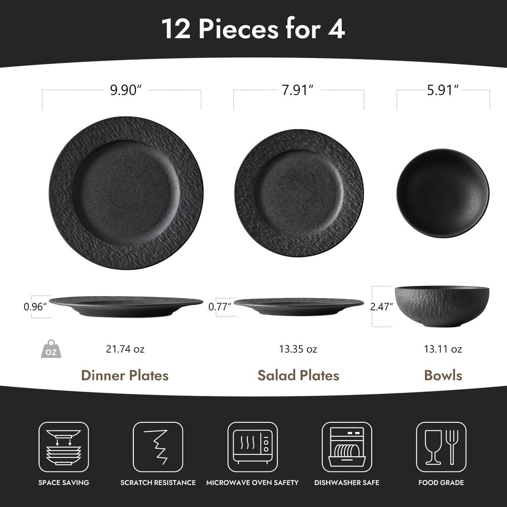 KINGSTONE Black Dinnerware Sets, 12-Piece Matte Marble Pattern Premium Porcelain
