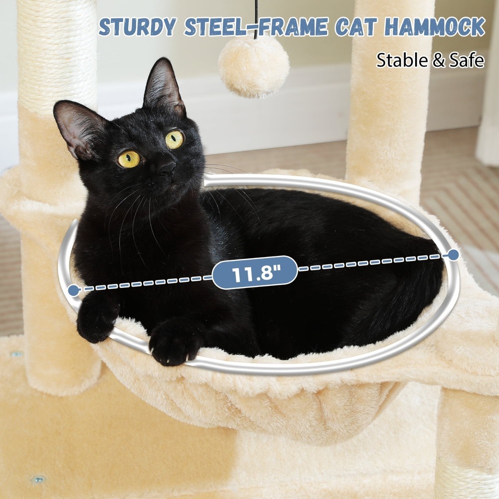 33" Cat Tree Tower with Large Top Perch & Hammock - Beige Cat Scratching Post