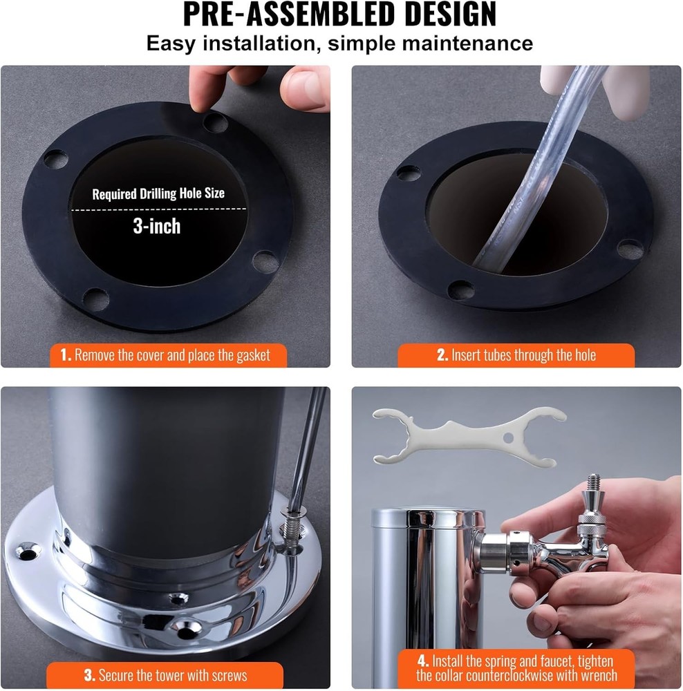 VEVOR Triple Taps Draft Beer Tower Dispenser, Stainless Taps, Silver