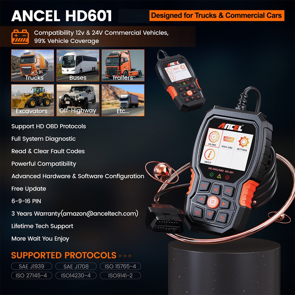 ANCEL HD601 Heavy Duty Truck Scanner Diagnostic Tool Code Reader Reset DPF ABS