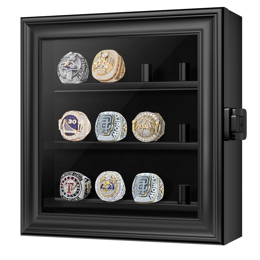 Championship Ring Display Case, 12 Posts 12 Posts-Rectangle, Black