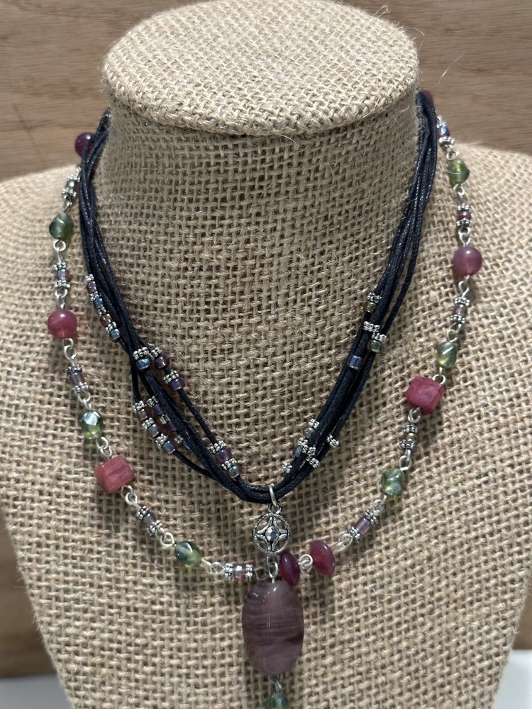 Beaded Silver Tone Corded Multi Strand Necklace Earring Set