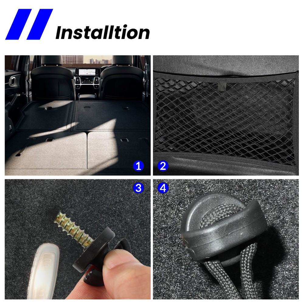 4PCS Rear Trunk Boot Cargo Net Envelope Net Clips Ring Screws Tie Down Hook Loop