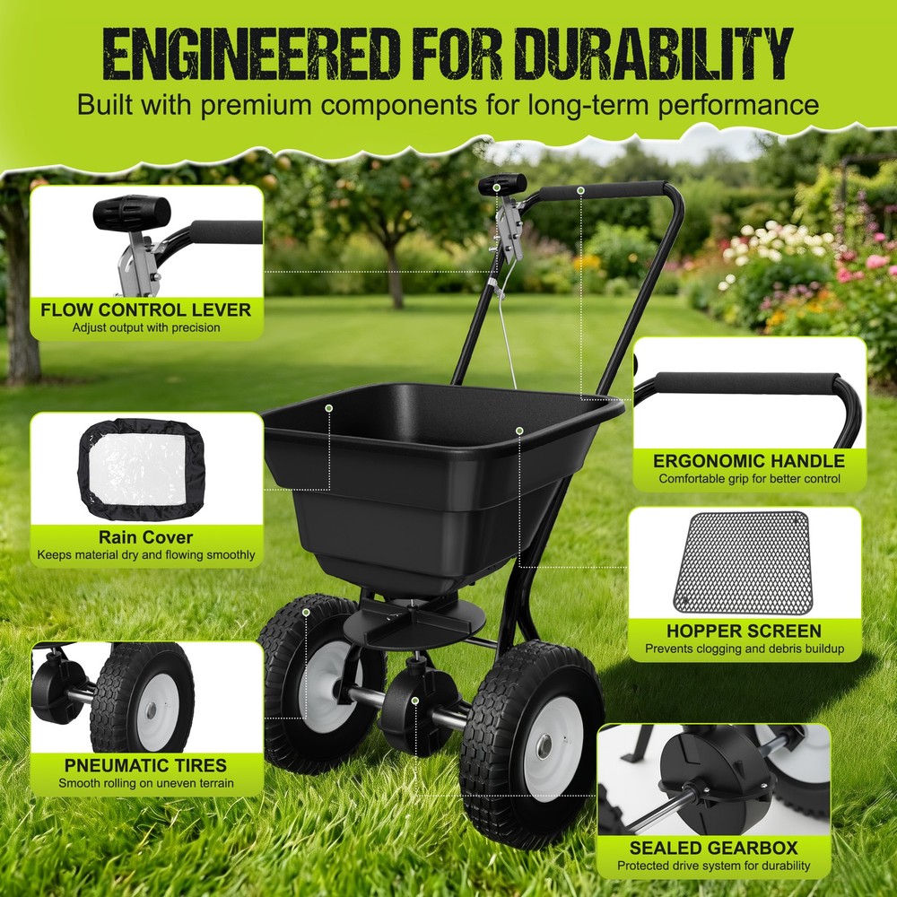 Push Lawn Spreader, 10ft Spreading Width, Broadcast Spreader with 80lbs Capacity