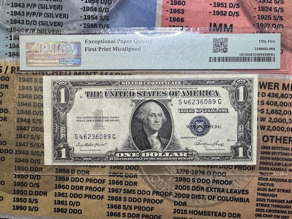 1935-E $1 Silver Certificate PMG 55 EPQ MAJOR MISALIGNED ERROR Note