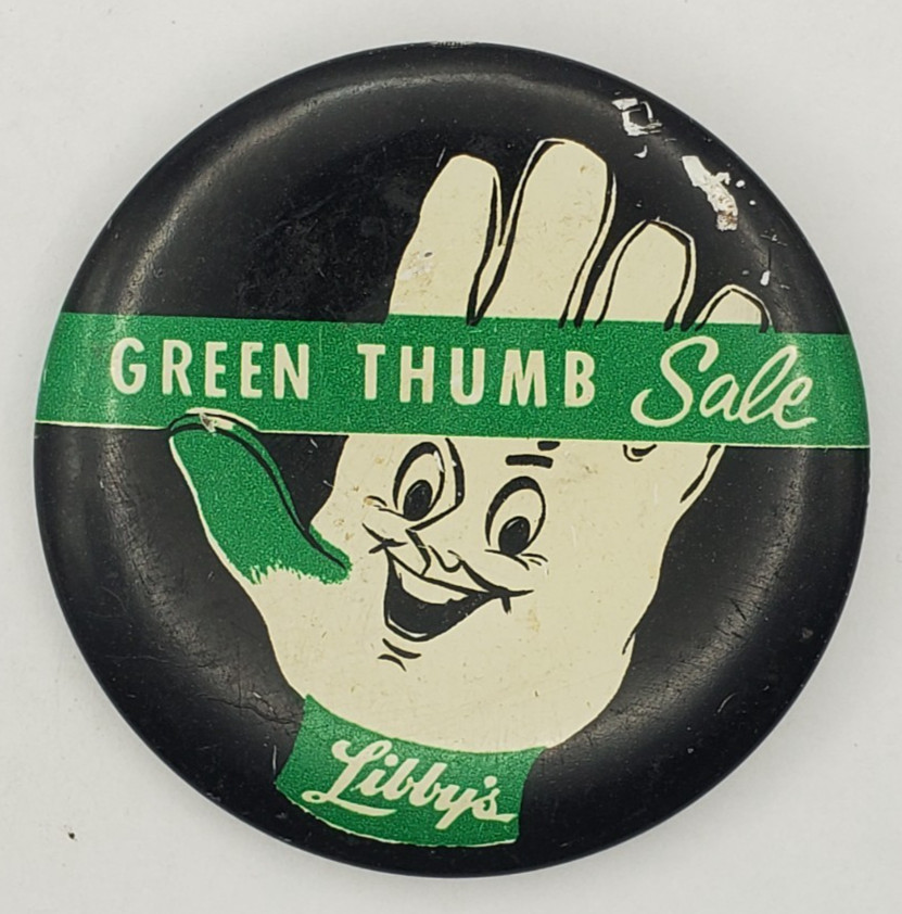 Vintage 1960s Libbys Green Thumb Sale Litho Pinback Button by Green Duck Chicago