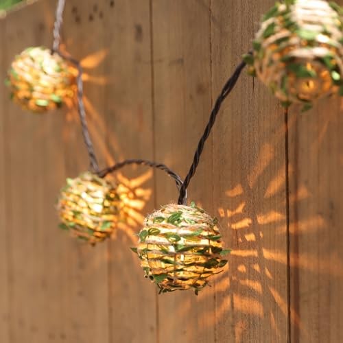 Decorative Lantern String Lights, Outdoor Plug Hemp Rope with Green Leaf Balls