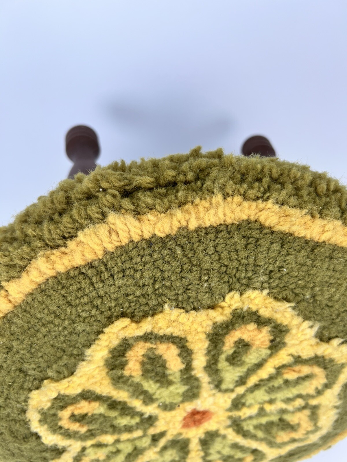 Vtg Round Footstool Floral Hooked Rug Top Wooden Legs MCM 8.75 x 12” Avacado