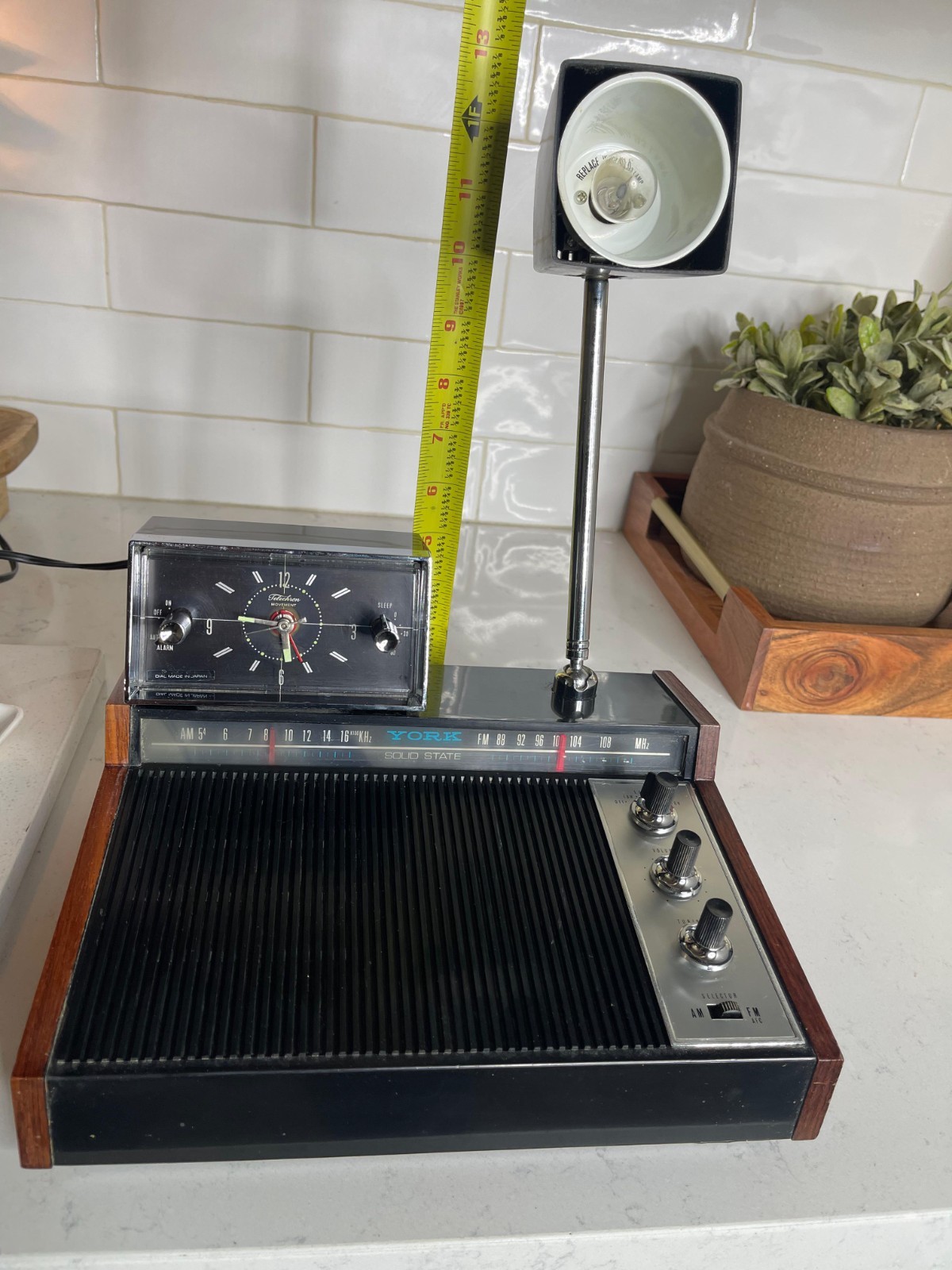 1960s Solid State YORK Rosewood MCM Clock Radio Desk Bedside Table Lamp.