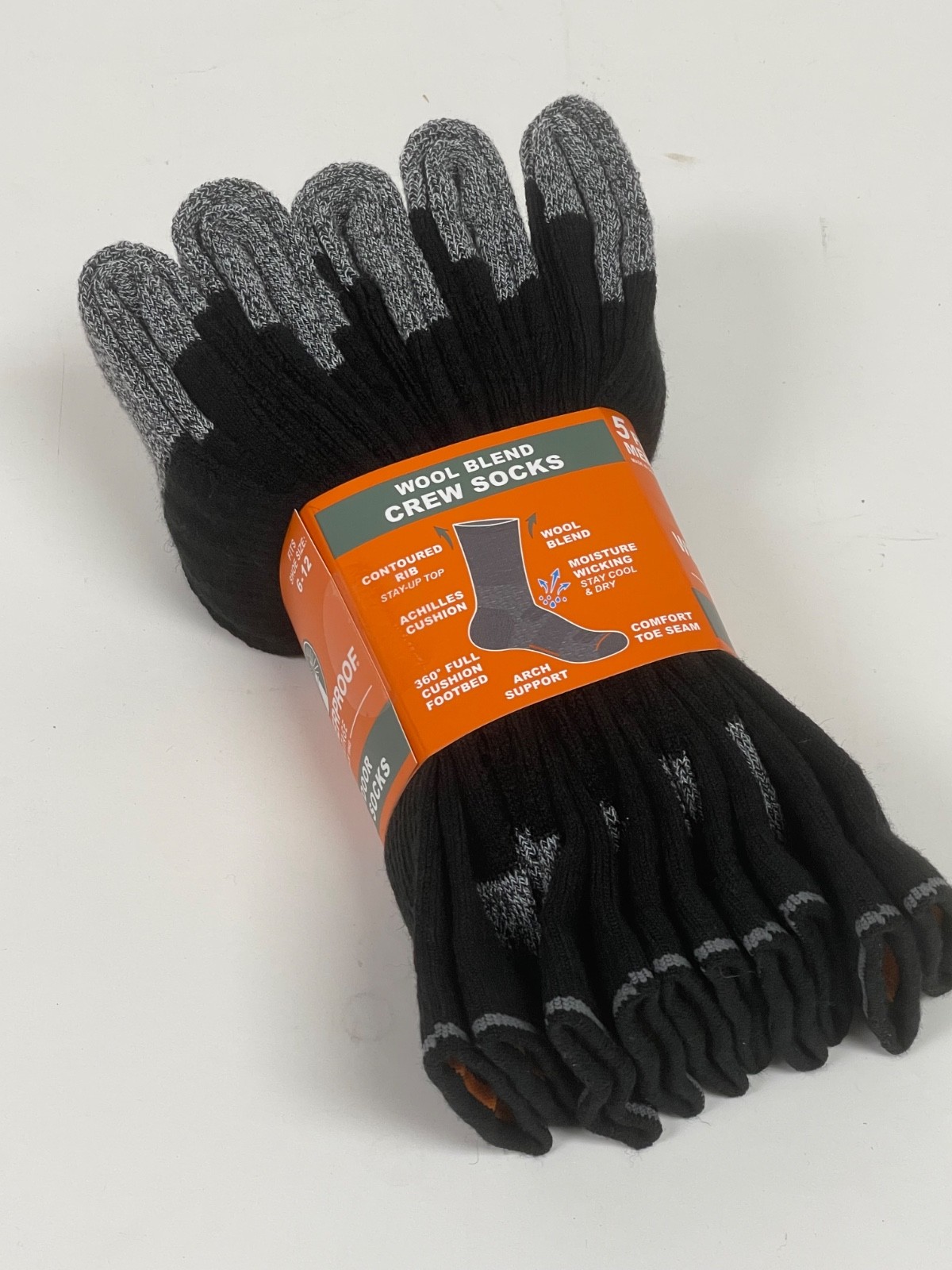 5 Pairs BLACK Weatherproof Vintage Men's Outdoor Crew Socks Shoe Size 6-12