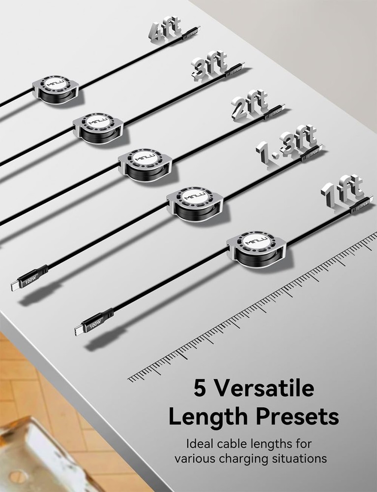 Retractable USB C to USB C Cable4 Ft, 2Pack,100W USBC 5A Fast Charging Cord, ...