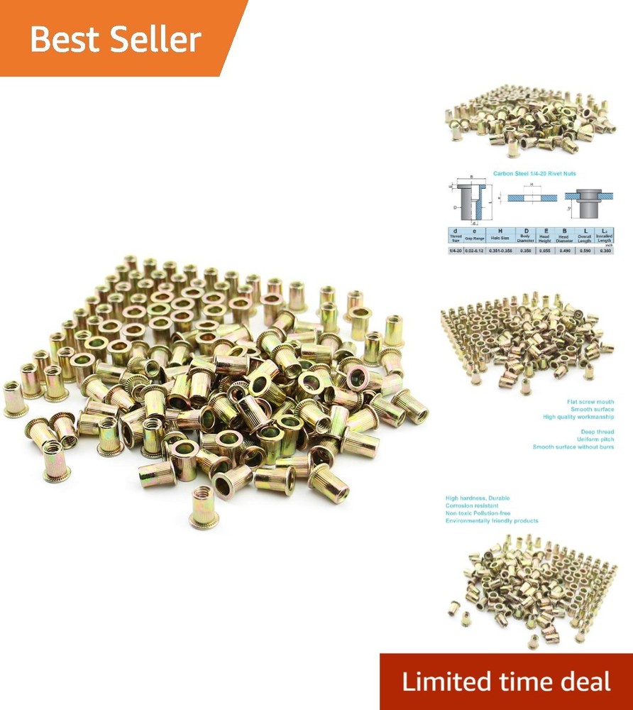 Versatile 1/4"-20 UNC Rivet Nuts 100Pack - Flat Head Knurled Design for Easy Use