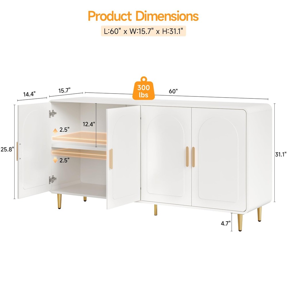 60" Sideboard Buffet Cabinet, Large Credenza Storage, Modern Console Table