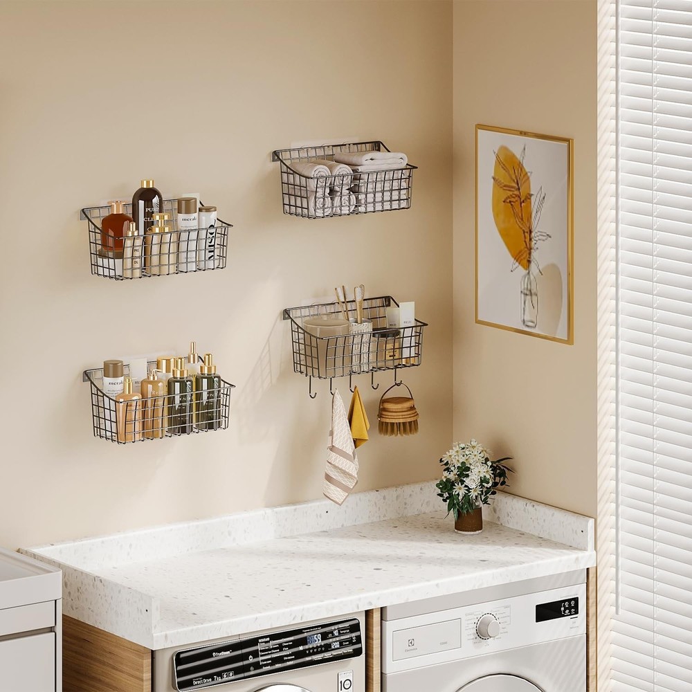 4-Pack Hanging Wall Baskets with Hooks - Pantry & Kitchen Organization Set