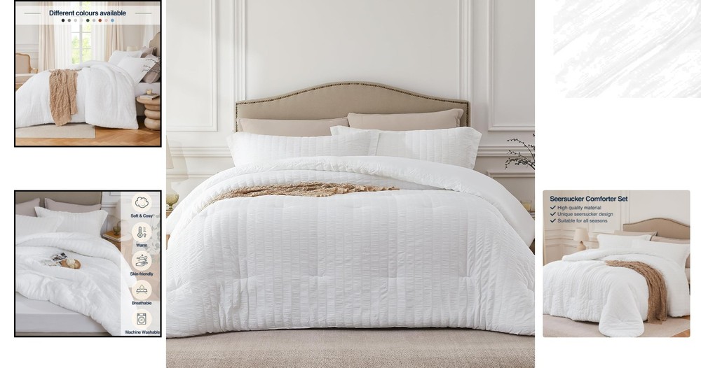 Luxurious White Queen Comforter Set - 3-Piece Seersucker Bedding Ensemble