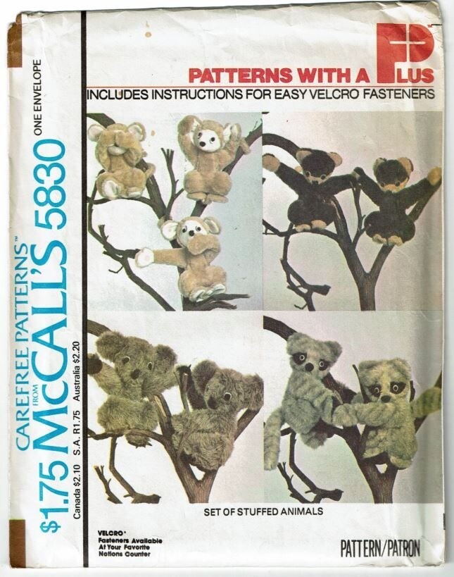 McCall's Sewing Pattern 5830 Monkey Koala Racoon Bear Stuffed Animals