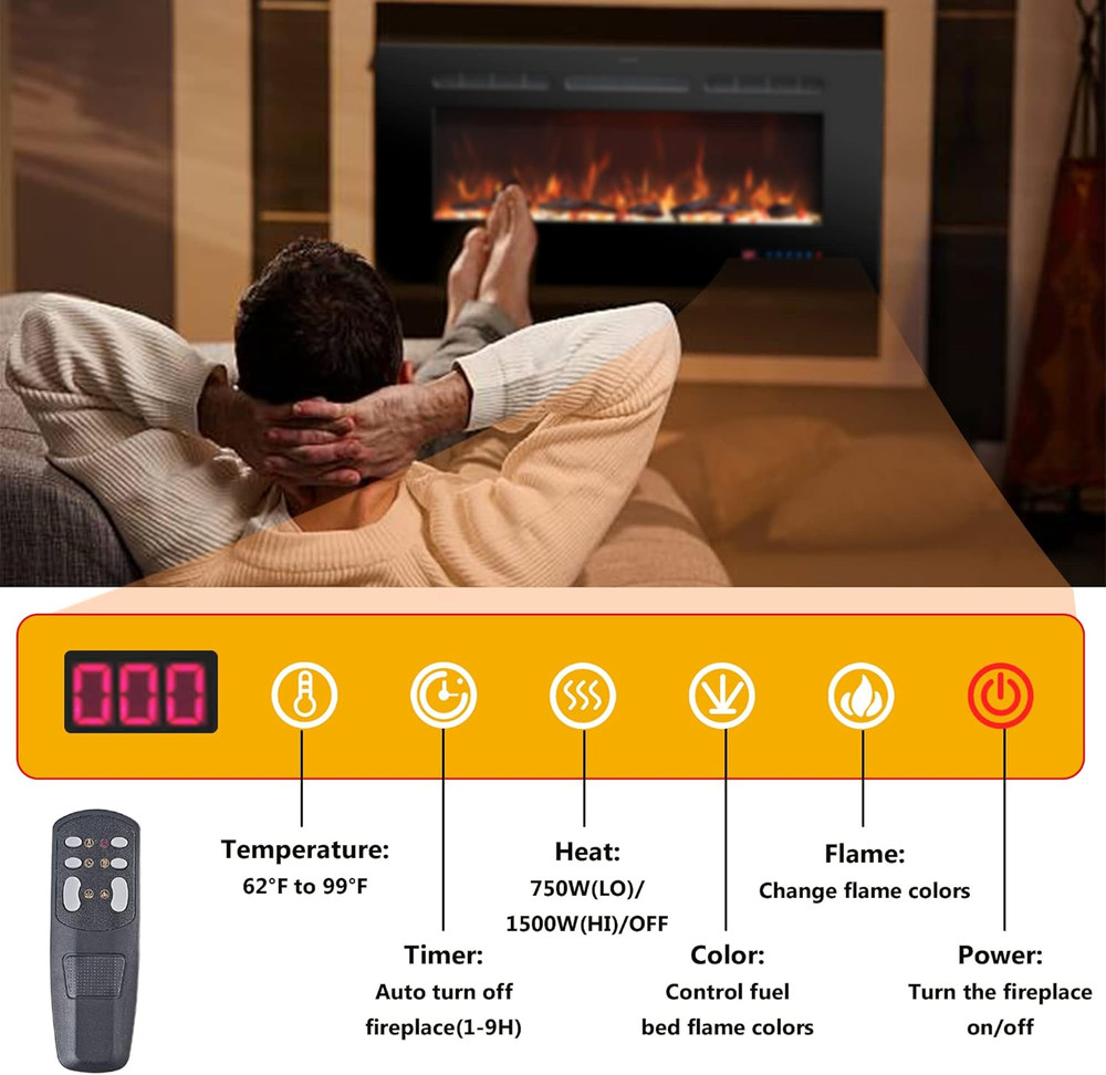 48" Electric Fireplace Insert, Wall Mounted, 13 Color Flames, Remote Control