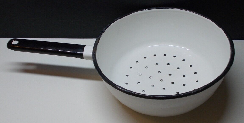 Vintage Russian Enamelware Strainer White with Black Trim