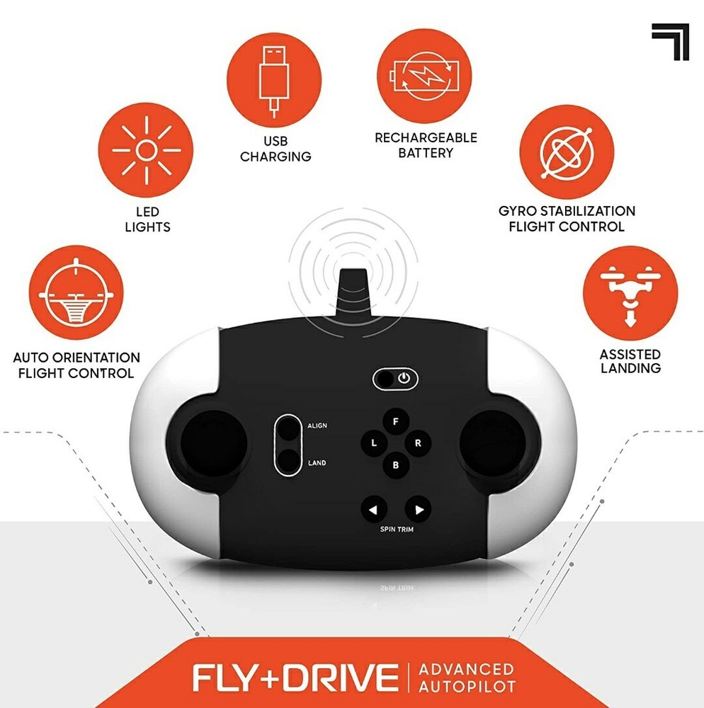 SHARPER IMAGE FLY + DRIVE 7" DRONE RECHARGEABLE DUAL FUNCTION 2.4GHZ LONG RANGE