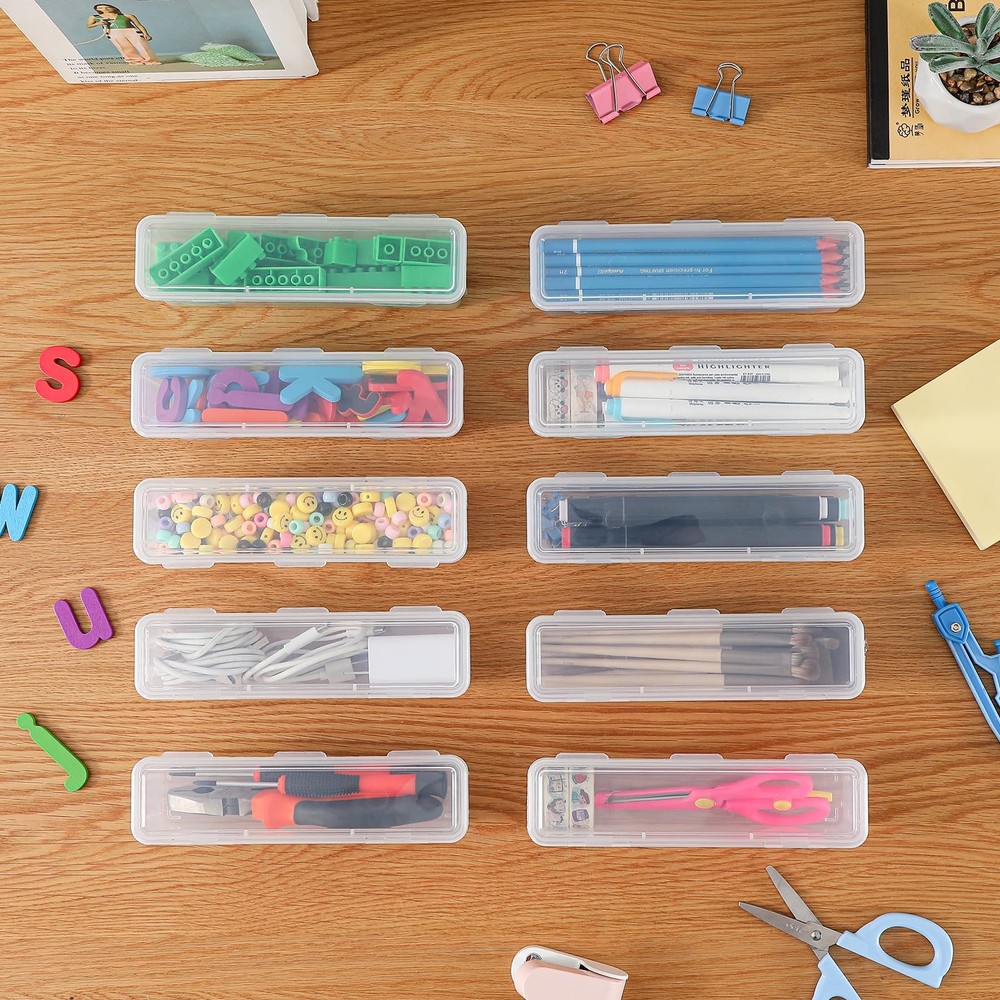10 Pack Clear Plastic Pencil Case Boxes - Narrow Stackable Storage Organizers...