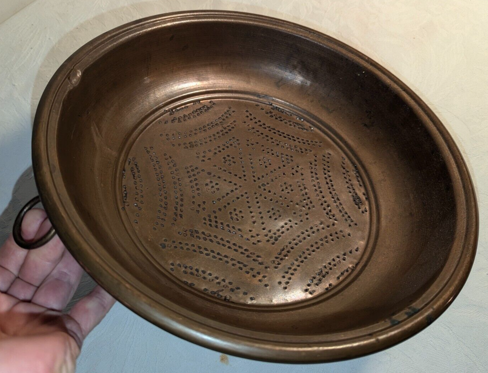 Vtg 12" Copper Plated Spider Web Pattern Colander Strainer Sifter Farm House