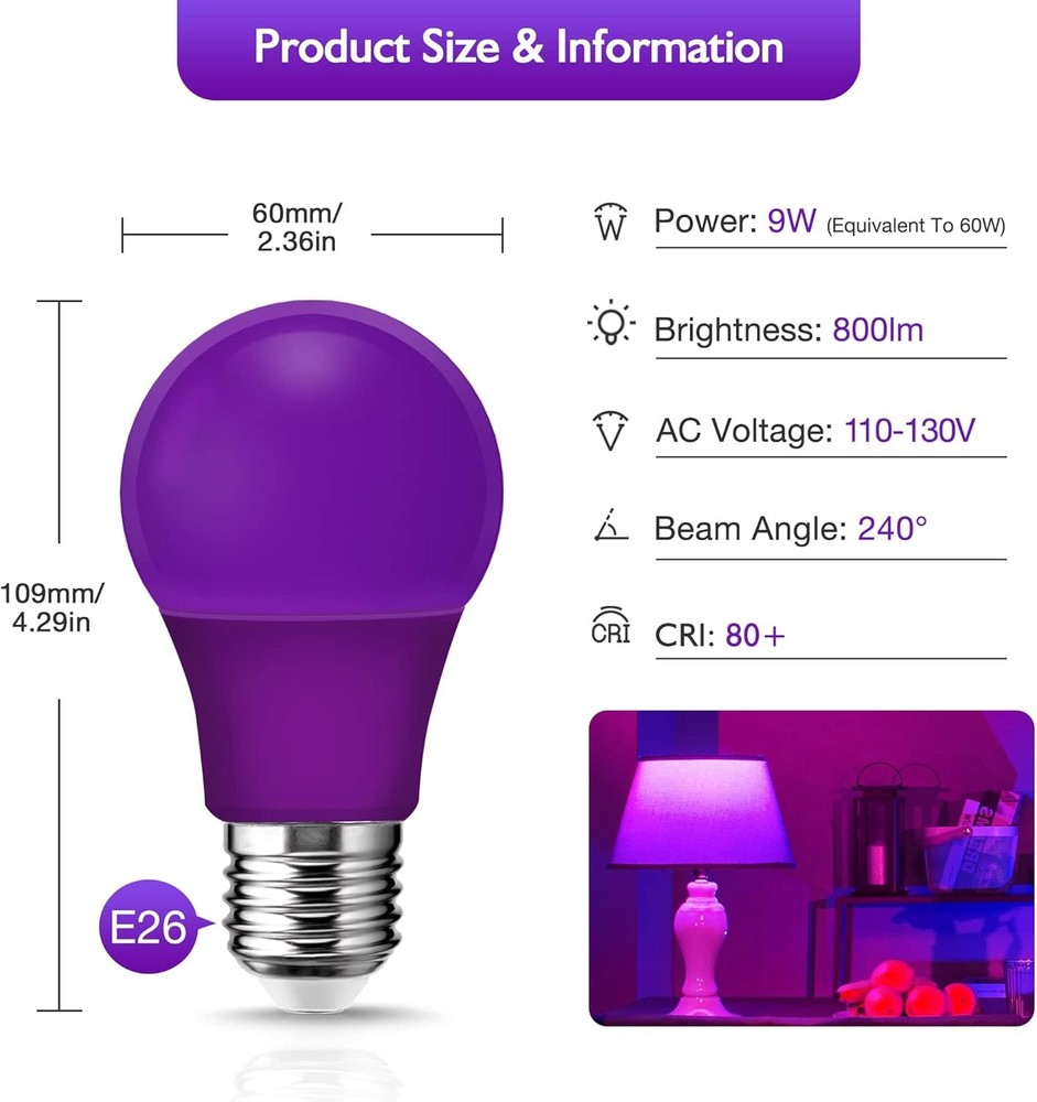 2Pack A19 LED Black Light Bulb 9W 60W Equivalent E26 Base Colored Black Lights