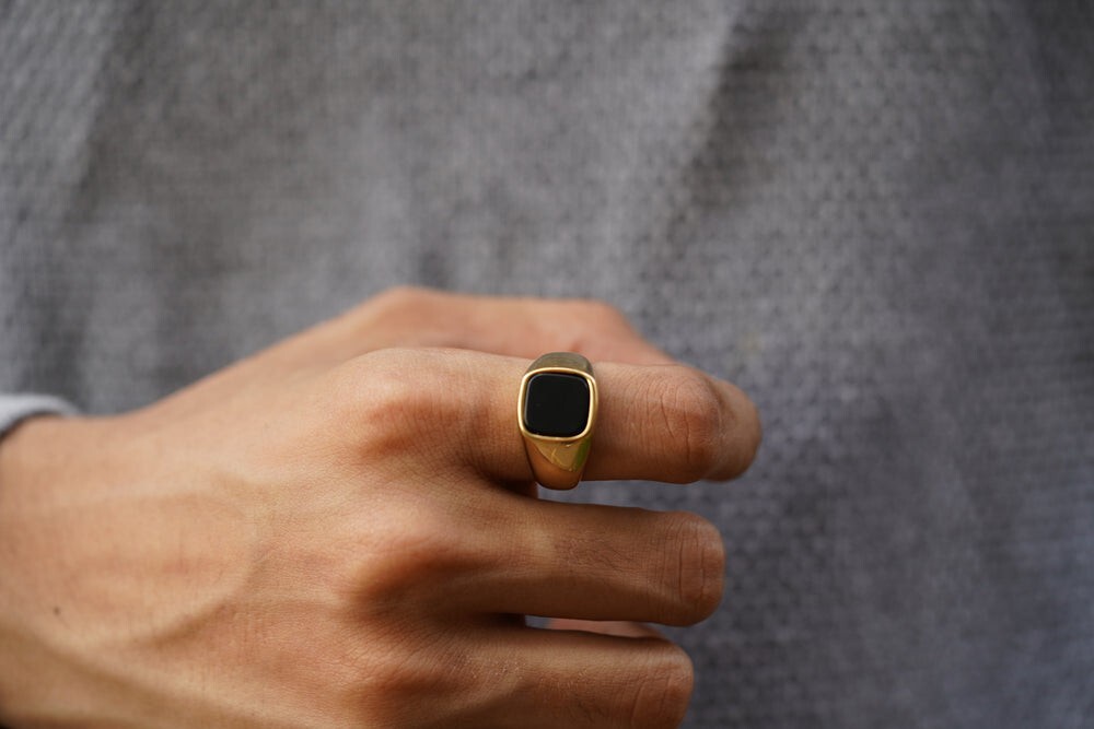 Cushion Black Onyx Ring in Silver or Gold Natural Gemstone Ring For Husband Mens