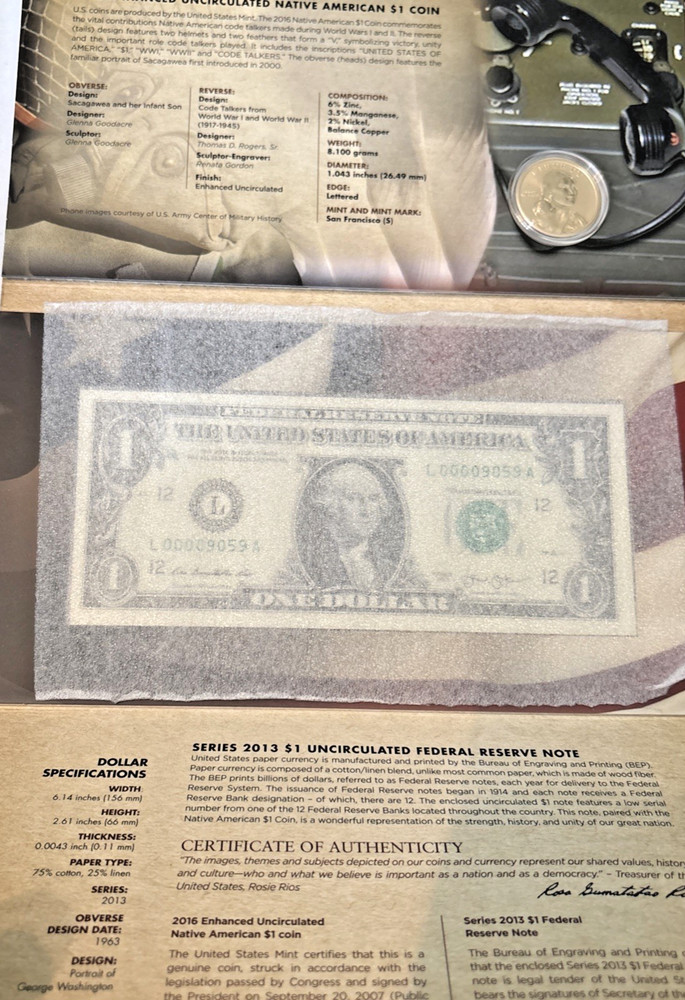 2016 Native American $1 Coin & Currency Set - Code Talkers in WW2