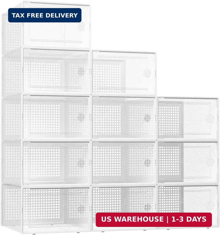 Kuject XX-Large Shoe Storage Boxes Organizers Clear Plastic Stackable 12 Pack, S