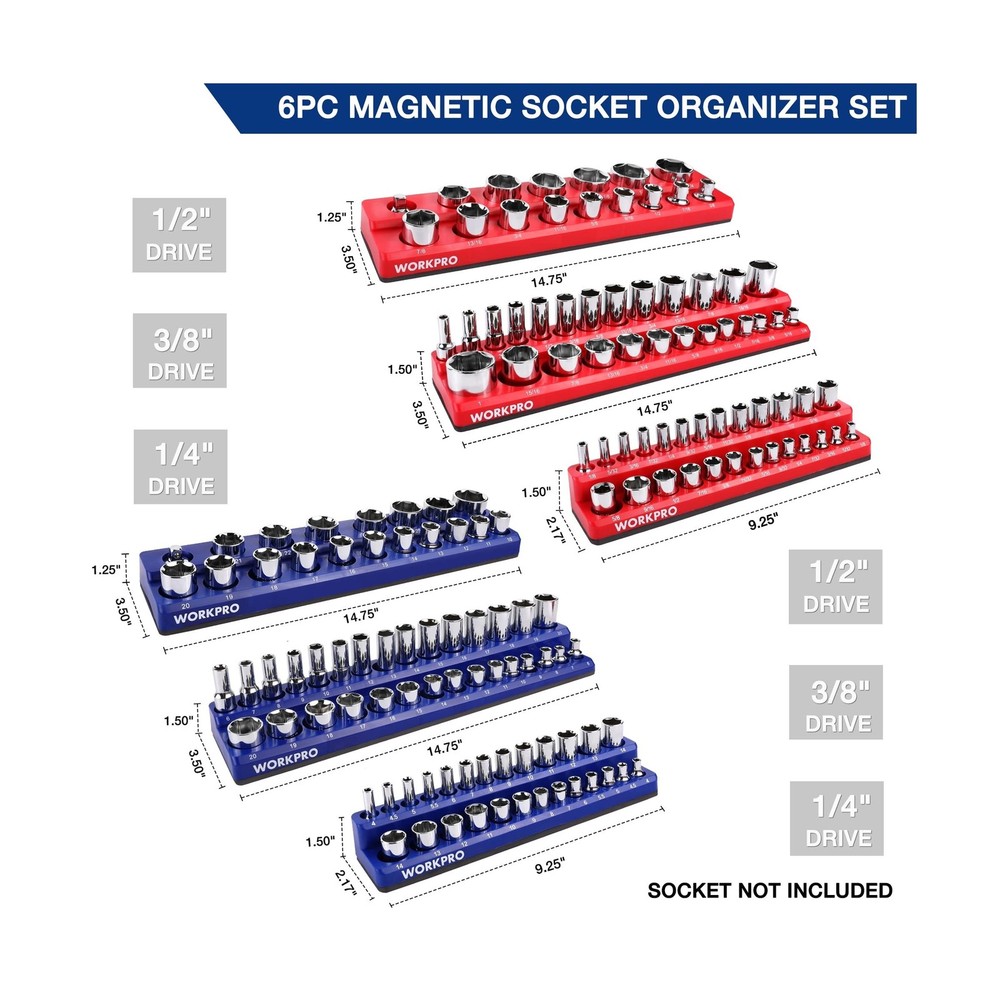 WORKPRO Magnetic Socket Organizer Set, 6-Piece Socket Holder Set Includes 1/4...
