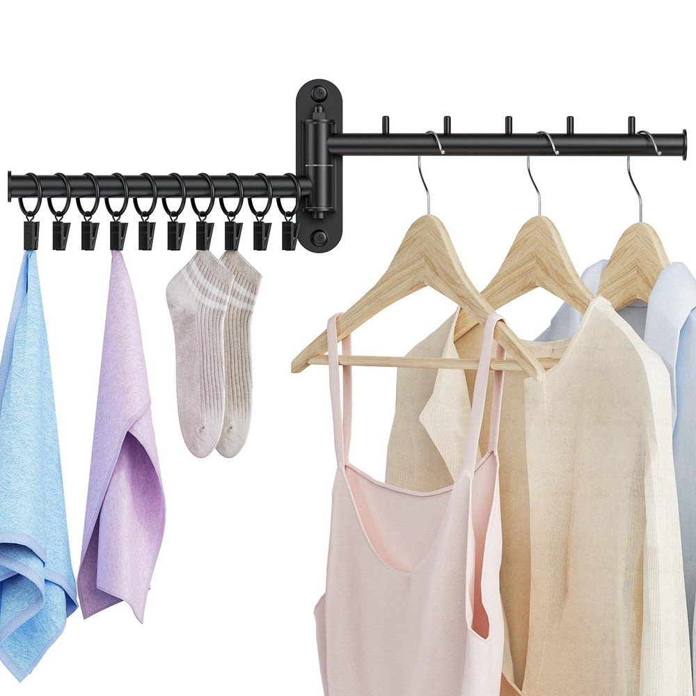 Wall Mounted 2Tier Laundry Drying Rack Swing Arm Foldable Hanger 10 Clips